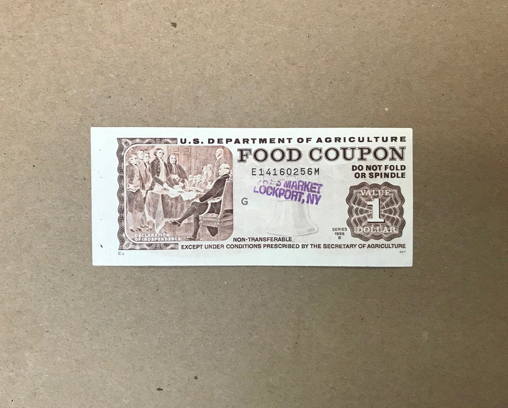 1995 Authentic Food Stamp ONE Dollar Food Coupon Series B Days Market  Cancellation Stamp Lockport, New York