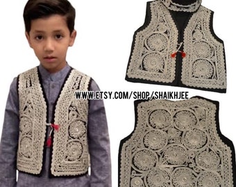 afghani pashtoon embroidered vest-kids embroidered waiscoat-afghani kochi dress-kids vests-kid's clothing- free shipping- waistcoat with cap