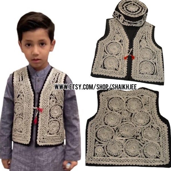 afghani pachtoon brodé gilet-enfants brodé waiscoat-afghani kochi robe-enfants gilets-vêtements pour enfants- livraison gratuite- gilet avec casquette