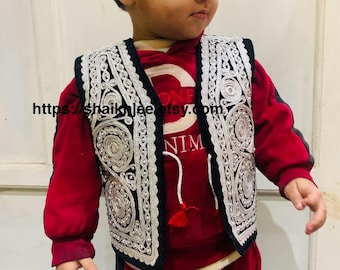 afghani pashtoon embroidered vest-kids embroidered waiscoat-afghani kochi dress-kids vests-kid's clothing- free shipping- waistcoat with cap