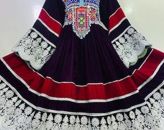 Vestido bordado afgano de micro terciopelo negro y rojo hecho a mano, vestido aghani kochi, vestidos largos bordados, mujeres, vestidos de novia afganos,