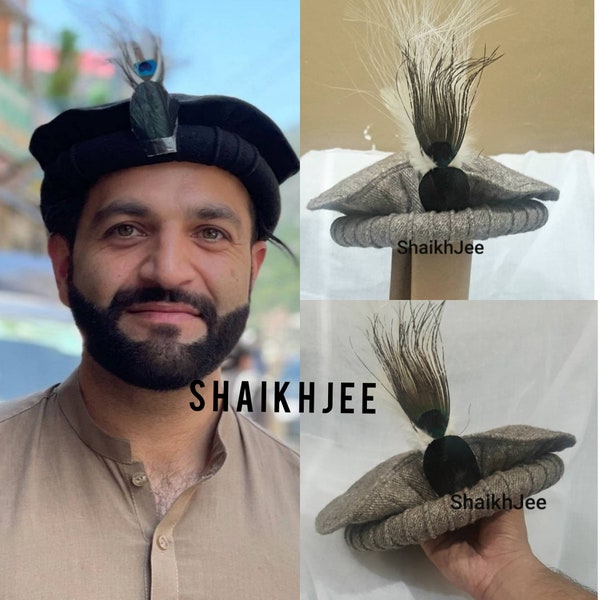 Pakol 100% laine original fait à la main avec plume, pakul hat- chitrali topi, afghani peshawari Hat-tradtional cap, couvre-chef, livraison GRATUITE, cadeau