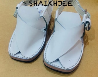 Sandálias Peshawari brancas feitas à mão para bebês e crianças pequenas, sapatos infantis, sapatos de casamento, calçados infantis paquistaneses, sandálias de couro e chinelos.