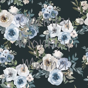 May include: A seamless pattern featuring watercolor blue and white flowers on a dark blue background. The flowers are arranged in a repeating pattern, with some flowers overlapping each other. The pattern is perfect for use in a variety of projects, such as fabric, wallpaper, and wrapping paper.