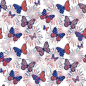 May include: A seamless pattern featuring red, white and blue butterflies with a firework design. The butterflies have the American flag pattern on their wings.