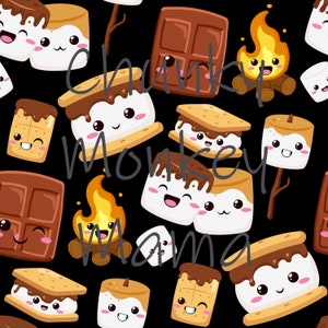 Puede incluir: Patrón repetido sobre fondo negro con s'mores de dibujos animados, barras de chocolate, malvaviscos y fogatas. El texto "Chunky Monkey Mama" está superpuesto al diseño. Las ilustraciones tienen caras sonrientes.