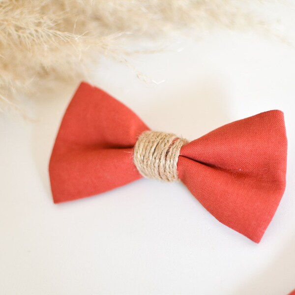 Plain terracotta/brick boho country bow tie with jute twine, adult, child and baby, wedding and gift idea