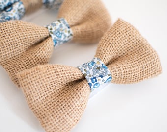 Burlap and Liberty Eloïse bow tie in blue and green flowers, adults, children and babies.