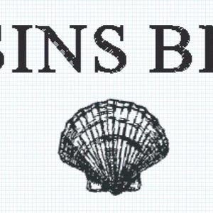 May include: A white background with the words "COUSINS BEACH" in a black, serif font above a black and white seashell illustration. The image has a grid pattern.