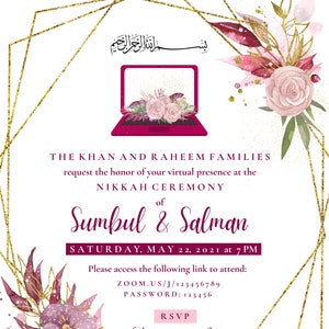 Virtual Zoom Wedding Invitation Card - Personnalisable - Personnalisé - Couple musulman Nikkah - Online Quarantine Edition - Shaadi Walima Baraat