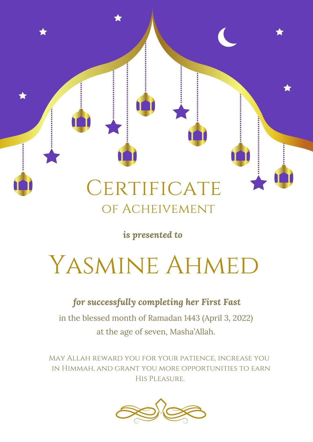 Ramadan First Fast Certificate Digital Download File Printable