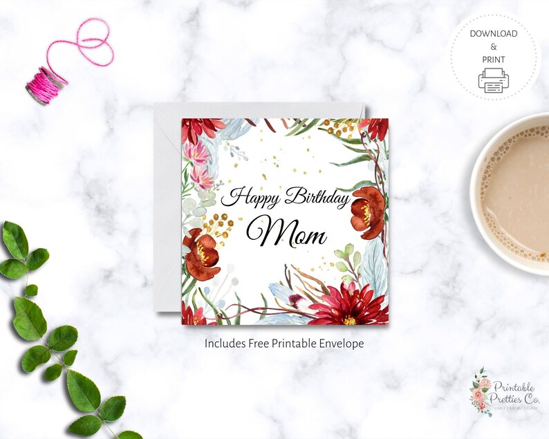 Instant Download Birthday Greeting Card for Mom Printable Birthday Card with Watercolor Elements Happy Birthday Greeting for Mother PDF