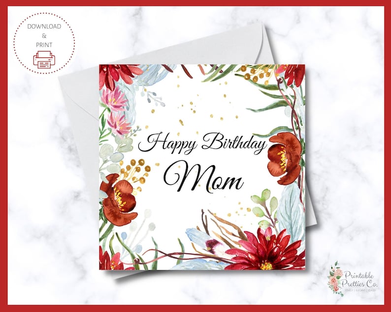 Instant Download Birthday Greeting Card for Mom Printable Birthday Card with Watercolor Elements Happy Birthday Greeting for Mother PDF