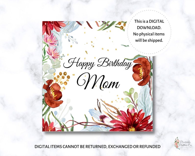 Instant Download Birthday Greeting Card for Mom Printable Birthday Card with Watercolor Elements Happy Birthday Greeting for Mother PDF