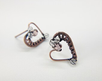 Copper Stud Earrings - Heart Earrings - Boho Heart Earrings - Copper Earrings - Swarovski Crystal Earrings - Mother's Day Gift