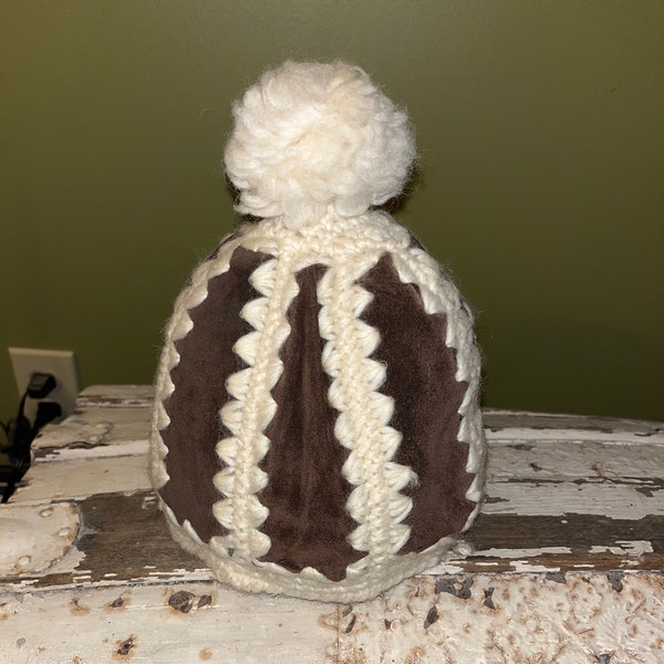 Hand-made in Italy vintage chocolate suede multi-panel cream wool knit hat with pom- small or teen