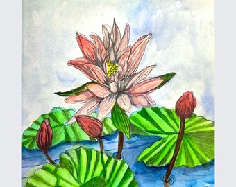 May include: A watercolor painting of a large, blooming pink lotus flower with a yellow center, surrounded by three smaller, closed red lotus buds and several vibrant green, ribbed lily pads floating on a blue, rippled water surface.