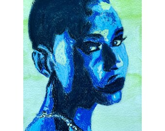 May include: A portrait drawing of a person with short hair, rendered in shades of deep blue, navy, and bright cyan against a light yellow-green background. The subject is shown in profile, looking toward the viewer with dark, textured shading.