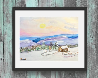 Winter In Vermont, Landscape art, Barn Art, Watercolor painting and prints,