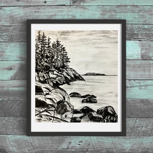 Rugged Maine Coast, Original Charcoal Drawing and Prints