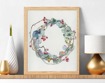 Eucalyptus Wreath Watercolor Painting, Floral Berry Print