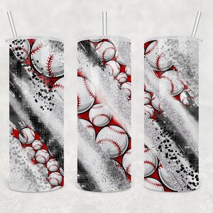 May include: Three stainless steel tumblers with a white, black and red baseball design. The tumblers have a silver glitter finish and a black and white stripe design.