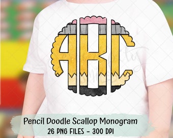 Pencil Doodle Scallop Monogram Alpha Set - PNG - Sublimation or Print - Digital Download - Design Elements - Back to School - Teacher