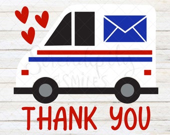 May include: A white mail truck with red and blue stripes, a blue envelope on the side, and black wheels. The truck is driving towards the right and says "THANK YOU" in red letters.