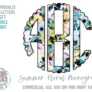Zomer bloemen geschulpte monogram 6 - volledig alfabet individueel opgeslagen cirkel monogram letters - links midden rechts doodle letters PNG