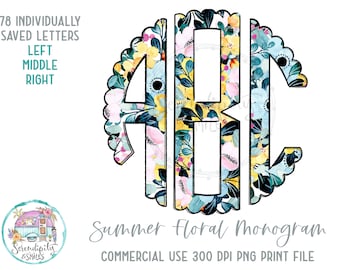 Summer Floral Scalloped Monogram 6 - Full Alphabet Individually Saved Circle Monogram Letters - Left Middle Right Doodle Letters PNG