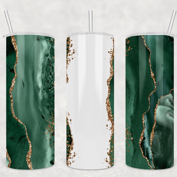 20 oz Skinny Tumbler Template - Agate Emerald Green and Gold Glitter - PNG - Sublimation Design Digital Download