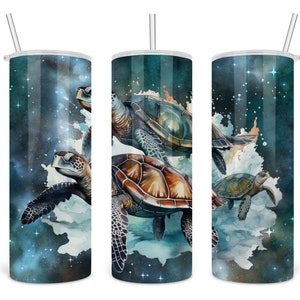 3D Sea Turtle 4 - Watercolor Ocean - 20 oz Skinny Tumbler Template - Instant Download Tumbler Straight Wrap