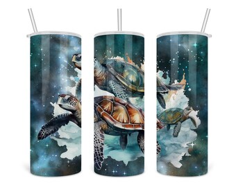 3D Sea Turtle 4 - Watercolor Ocean - 20 oz Skinny Tumbler Template - Instant Download Tumbler Straight Wrap