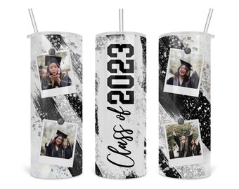 Class of 2023 - Graduation Photo Milkyway Glitter 20 oz Skinny Tumbler Template - Graduation Tumbler Design - Black, White, Silver