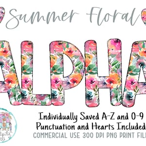 Summer Floral Doodle Alphabet 4 - Flowers PNG Letters and Numbers - Floral Sublimation Design - Hand Drawn Letters PNG - Commercial Use