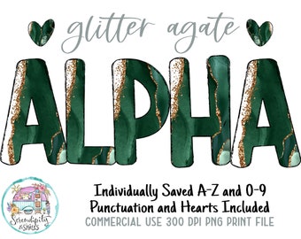 Emerald Green Gold Glitter Agate Doodle Alphabet Set - PNG - Sublimation or Print - Digital Download - Design Elements