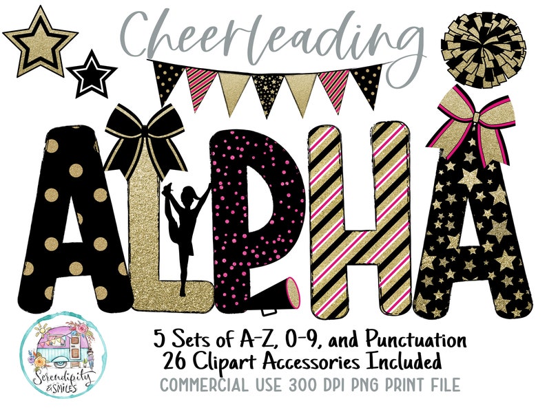 Cheerleading Doodle Alphabet Set - Black, Gold, Hot Pink - Accessories ...