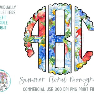 Zomer bloemen geschulpte monogram 9 - volledig alfabet individueel opgeslagen cirkel monogram letters - links midden rechts doodle letters PNG