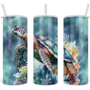 3D Sea Turtle 2 - Watercolor Ocean - 20 oz Skinny Tumbler Template - Instant Download Tumbler Straight Wrap