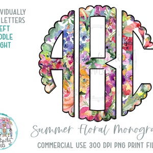 Zomer bloemen geschulpte monogram 3 - volledige alfabet individueel opgeslagen cirkel monogram letters - links midden rechts doodle letters PNG