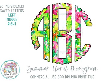 Summer Floral Scalloped Monogram 7 - Full Alphabet Individually Saved Circle Monogram Letters - Left Middle Right Doodle Letters PNG