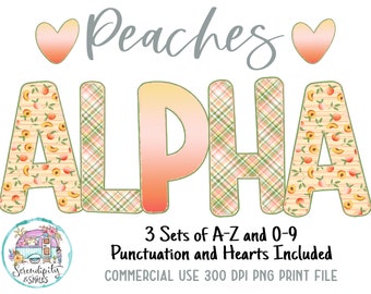 Peaches Doodle Alphabet Bundle 1 - 3 Design Sets - PNG - Sublimation or Print - Digital Download - Bulletin Board Letters