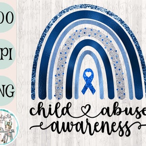 Child Abuse Awareness Boho Rainbow Blue Ribbon PNG Sublimation Watercolor Waterslide Clipart Social Worker Foster Parent image 1