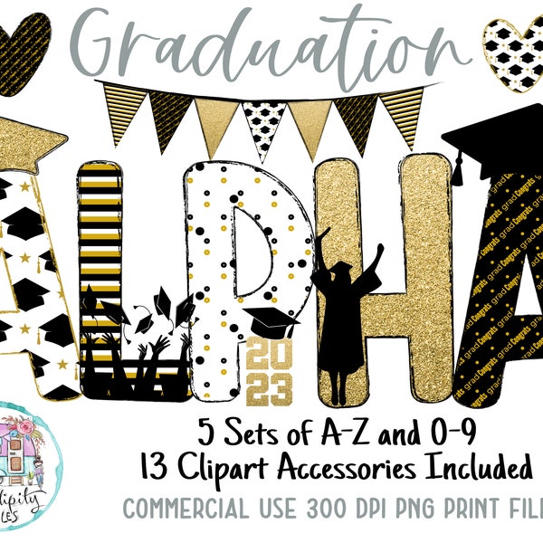 Graduation Doodle Alphabet Set - Black and Gold - Accessories Included - PNG - Sublimation or Print - Design Elements