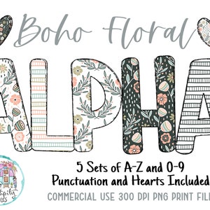 Paquete de alfabeto Boho Pastel Floral Doodle - 5 conjuntos de diseño - PNG - Sublimación o impresión - Descarga digital - Elementos de diseño