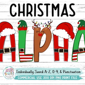 Christmas Doodle Alphabet, Number, Punctuation Set - Santa - Reindeer - Elf - PNG - Sublimation or Print - Digital Design Elements