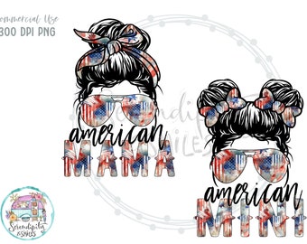 Watercolor American Mama and Mini Messy Bun Bundle - PNG - Sublimation - Digital Download - July 4th - USA - Memorial Day - Mommy and Me