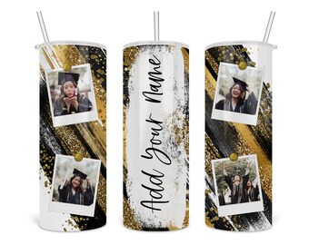 Graduation Photo Milkyway Glitter 20 oz Skinny Tumbler Template - Add Your Own Text - Graduation Tumbler Design - Black, White, Gold
