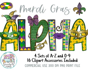 Mardi Gras Doodle Alphabet Set - Accessories Included - PNG - Sublimation or Print - Digital Download - Design Elements - NOLA - New Orleans