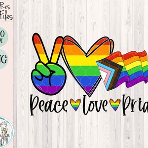 Puede incluir: Gráfico de Paz Amor Orgullo con un signo de paz, un corazón y una bandera en colores arcoíris. El texto está en negro con corazones arcoíris.